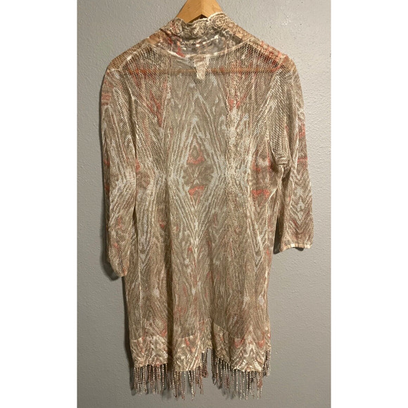 Chicos Womens Kimono Size 2 US L Beige Linen Blend Fringe Hem Sheer Fairy Boho - Picture 3 of 10